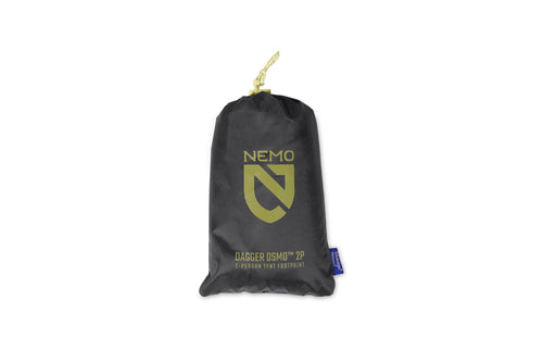 A compact black drawstring bag features a green logo and 