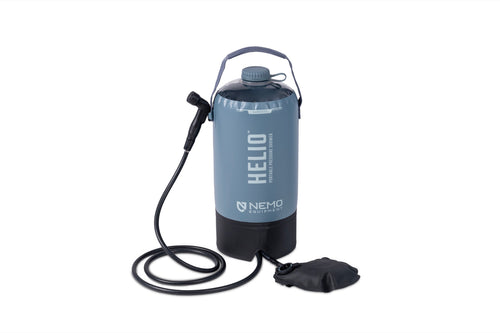 The Helio™ Portable Pressure Shower by NEMO Equipment includes a neoprene hose and pressurizing foot pump, making it ideal for outdoor use.