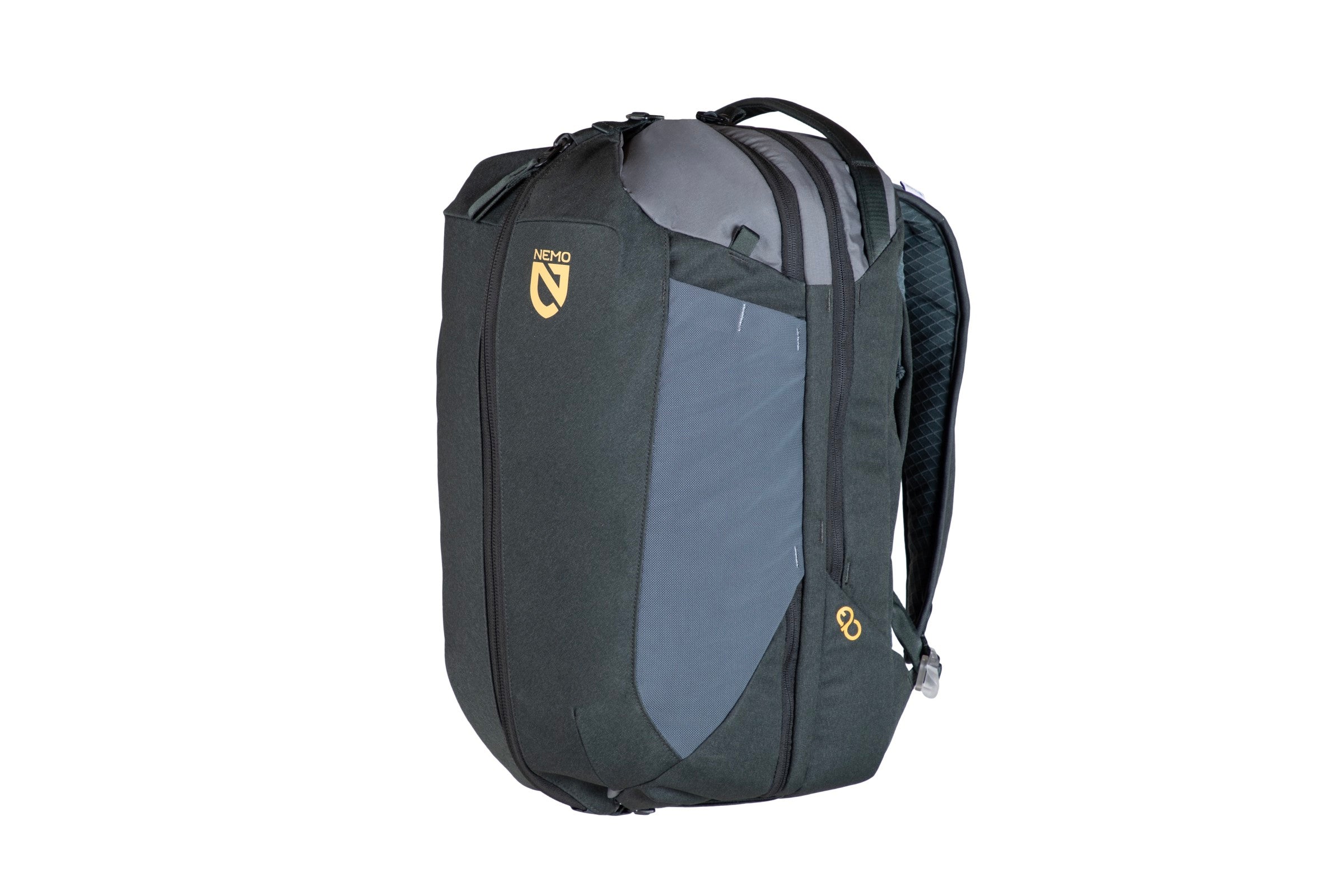 A black and gray backpack with multiple compartments and zippers, featuring a logo on the front, and adjustable shoulder straps.